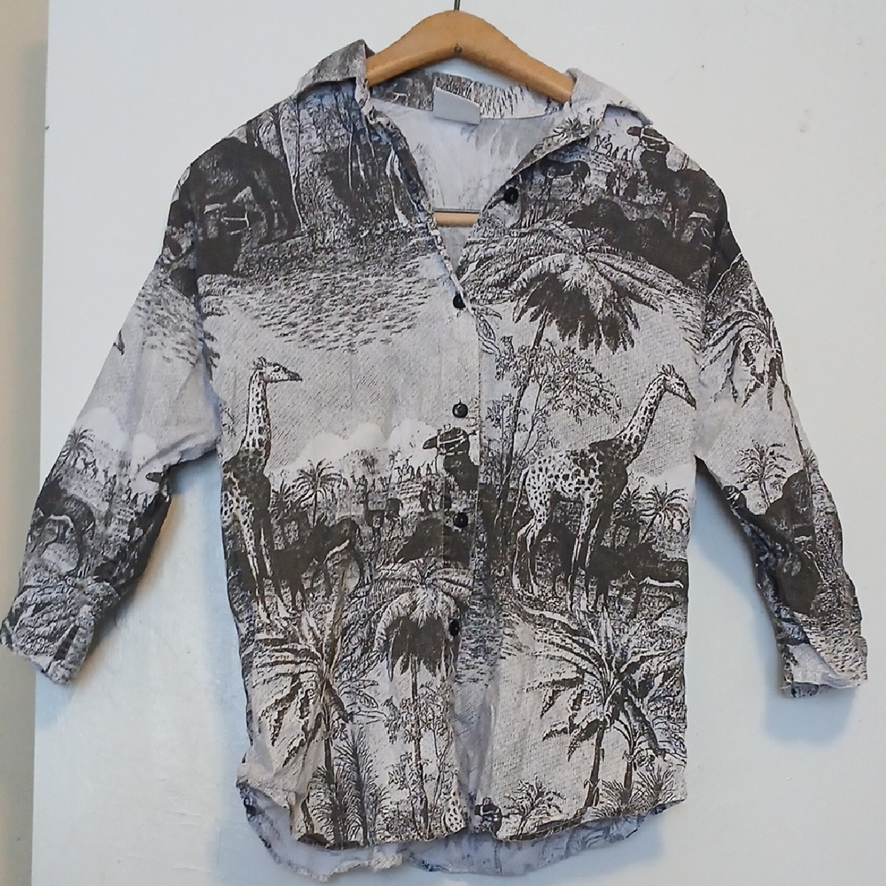 Vintage Byer Camel And Giraffe Button Up 3/4 Sleeve Shirt Womans M